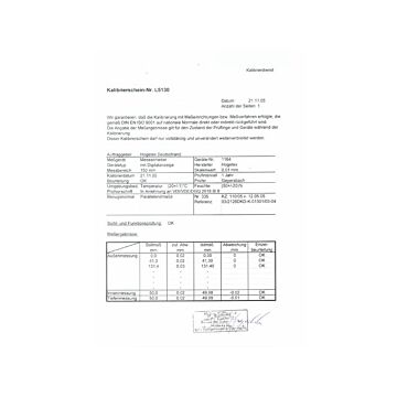 Kalibrierzertifikat für Messchieber bis 300mm Länge