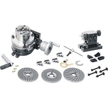 Horizontal-Vertikal- Rundteiltisch 150 mm mit Selbstzentrierende Vierbackenfutter von 100mm, Indexierset, Aufspannwerkzeug und Reitstock